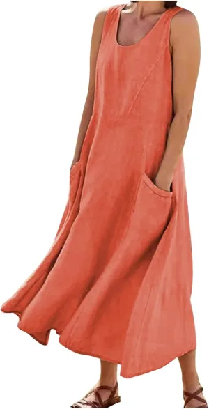 Women's Plus Size Summer Dresses 2025 Trendy Sleeveless Dresses Casual Baggy Flowy Maxi Sun Dresses Pocket