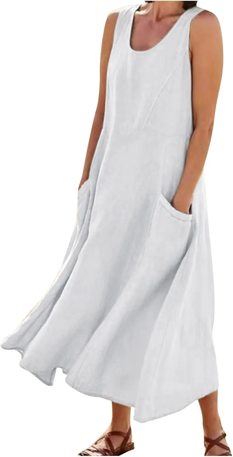 Women's Plus Size Summer Dresses 2025 Trendy Sleeveless Dresses Casual Baggy Flowy Maxi Sun Dresses Pocket
