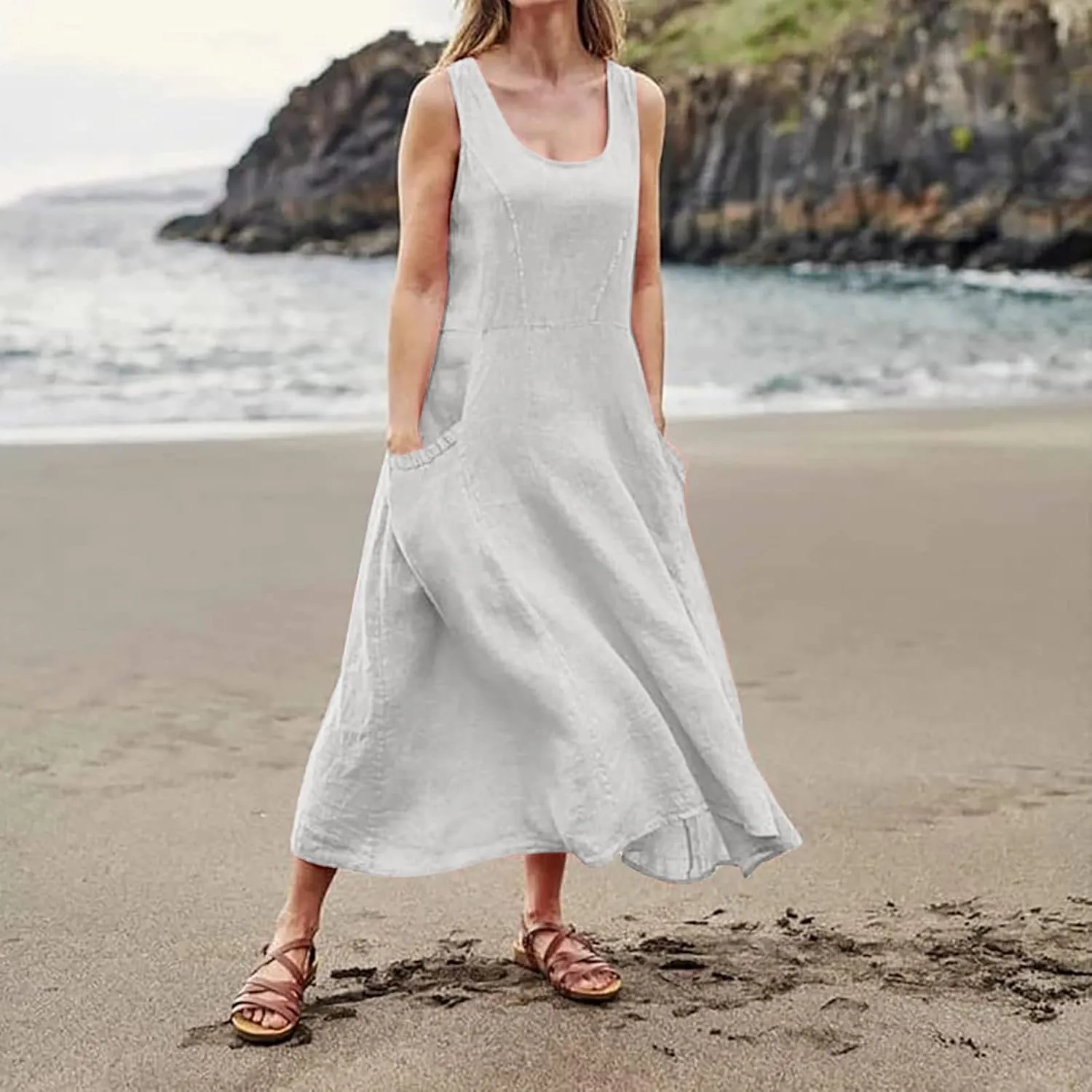 Women's Plus Size Summer Dresses 2025 Trendy Sleeveless Dresses Casual Baggy Flowy Maxi Sun Dresses Pocket