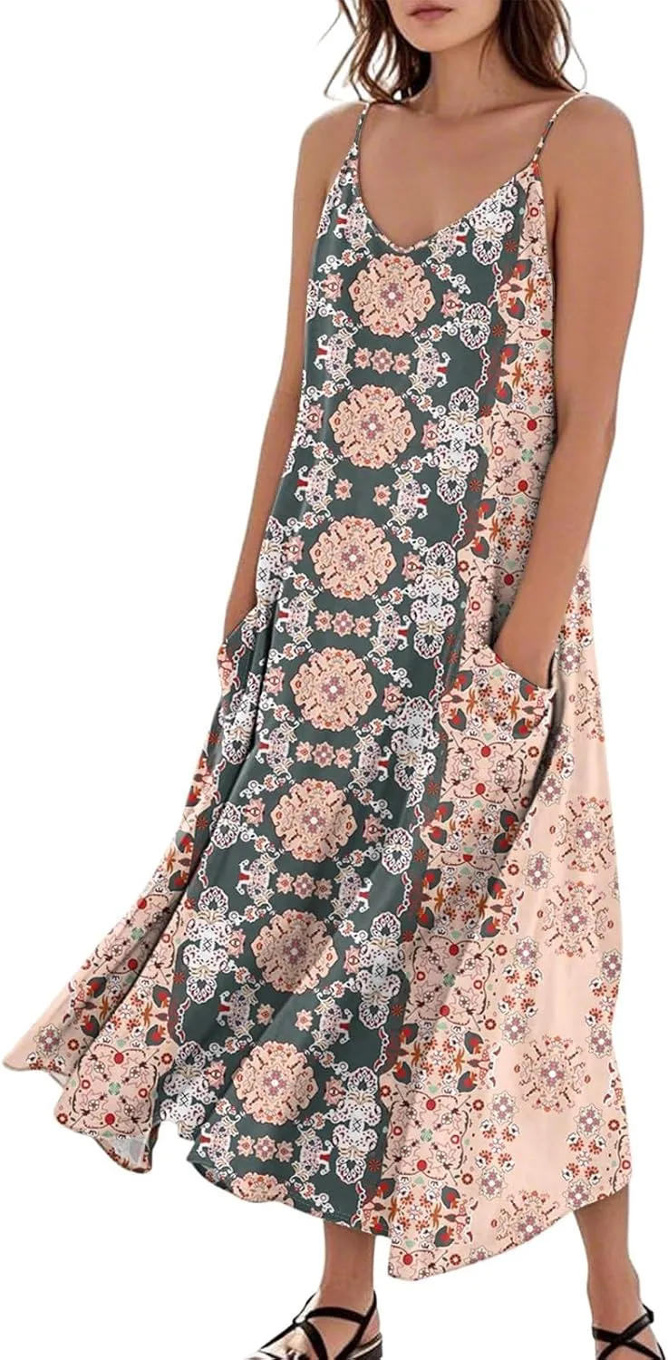 Women's Plus Size Summer Dresses 2025 Trendy Sleeveless Dresses Casual Baggy Flowy Maxi Sun Dresses Pocket