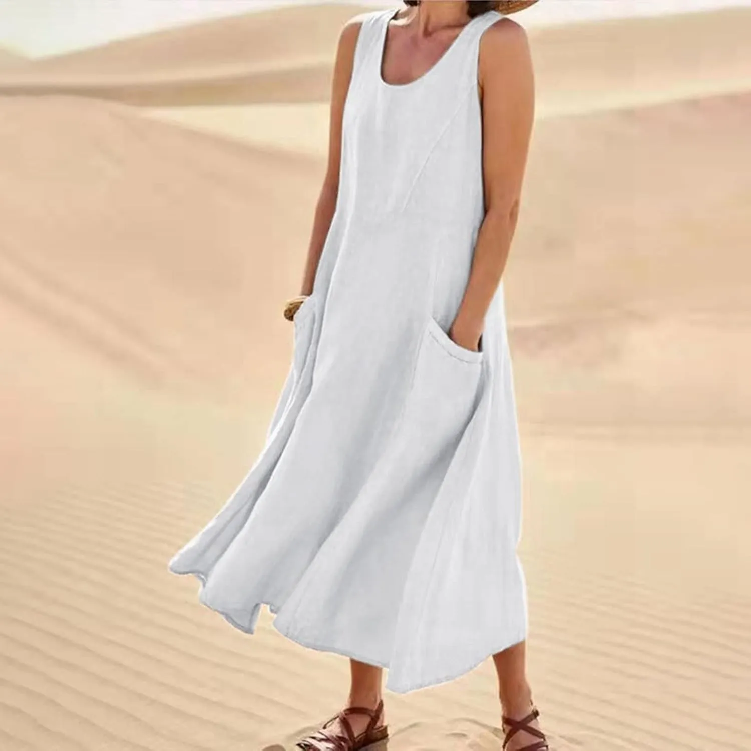 Women's Plus Size Summer Dresses 2025 Trendy Sleeveless Dresses Casual Baggy Flowy Maxi Sun Dresses Pocket
