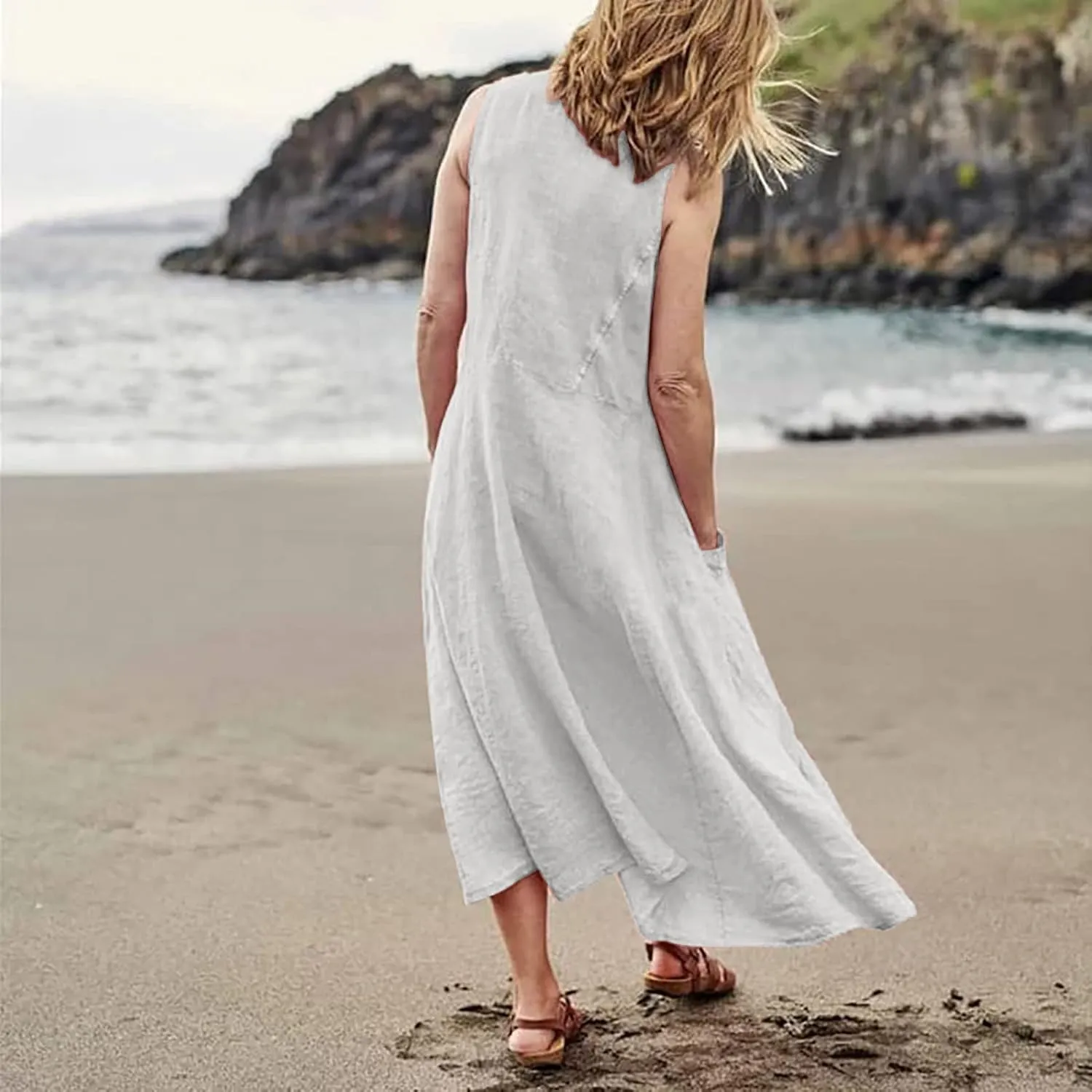 Women's Plus Size Summer Dresses 2025 Trendy Sleeveless Dresses Casual Baggy Flowy Maxi Sun Dresses Pocket