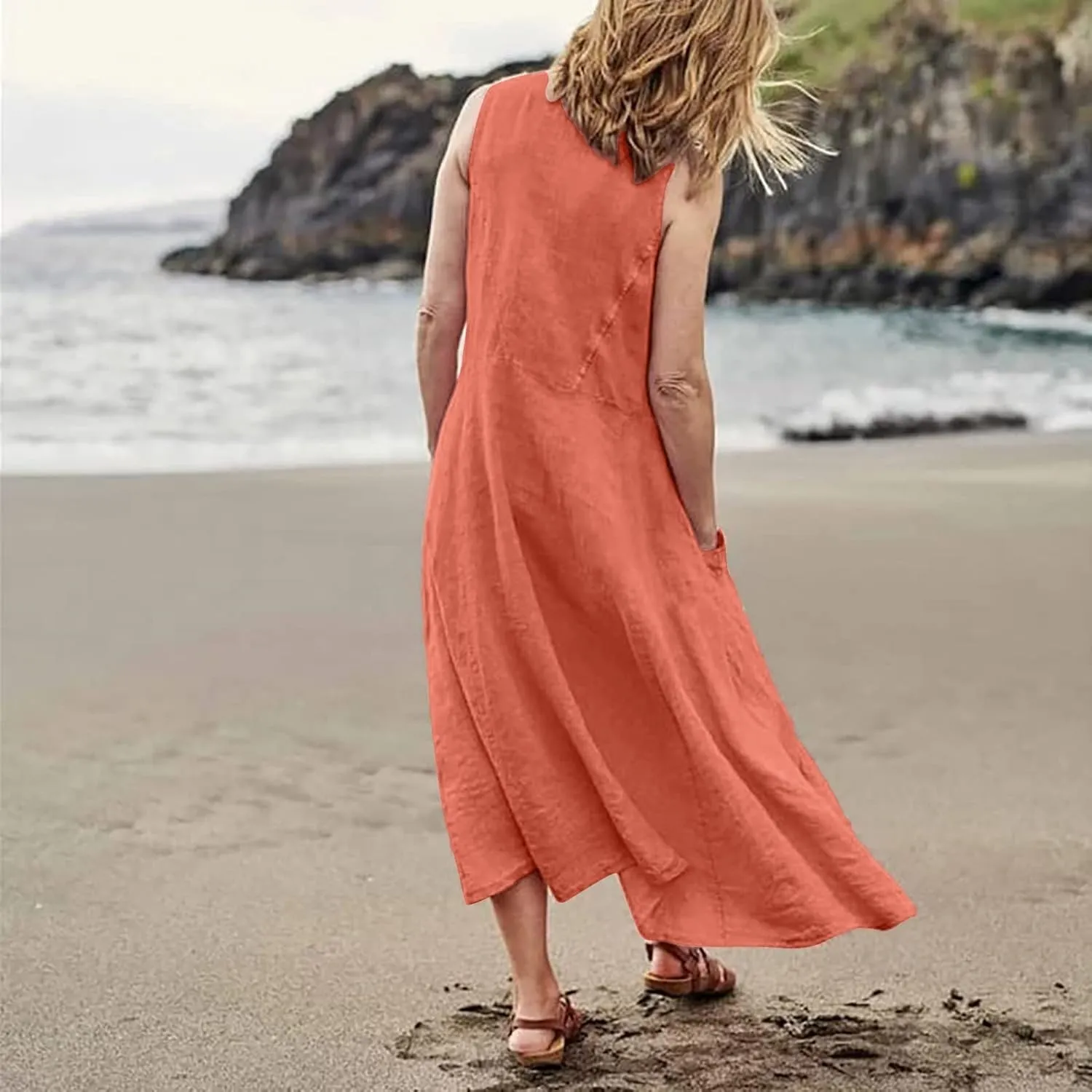 Women's Plus Size Summer Dresses 2025 Trendy Sleeveless Dresses Casual Baggy Flowy Maxi Sun Dresses Pocket