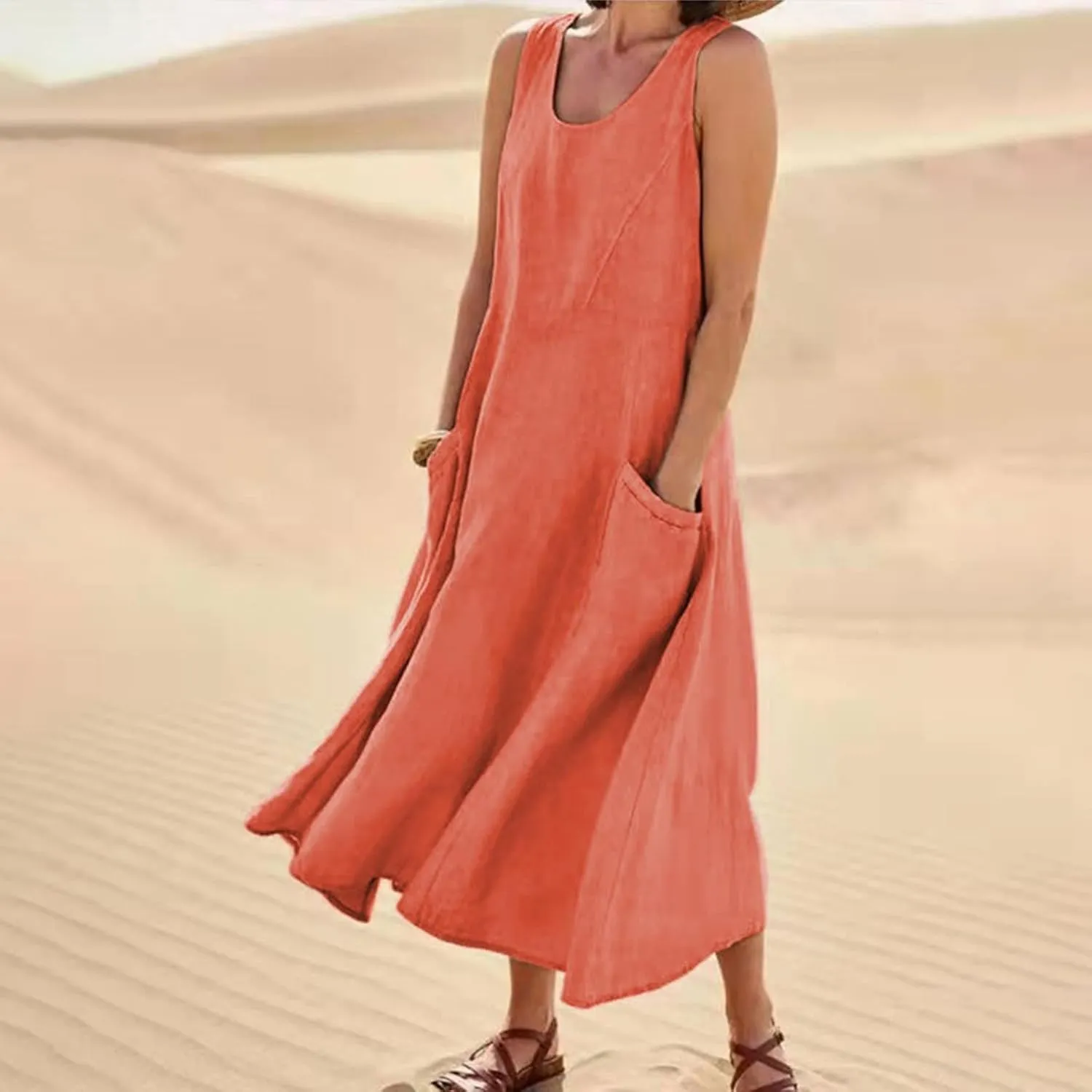 Women's Plus Size Summer Dresses 2025 Trendy Sleeveless Dresses Casual Baggy Flowy Maxi Sun Dresses Pocket