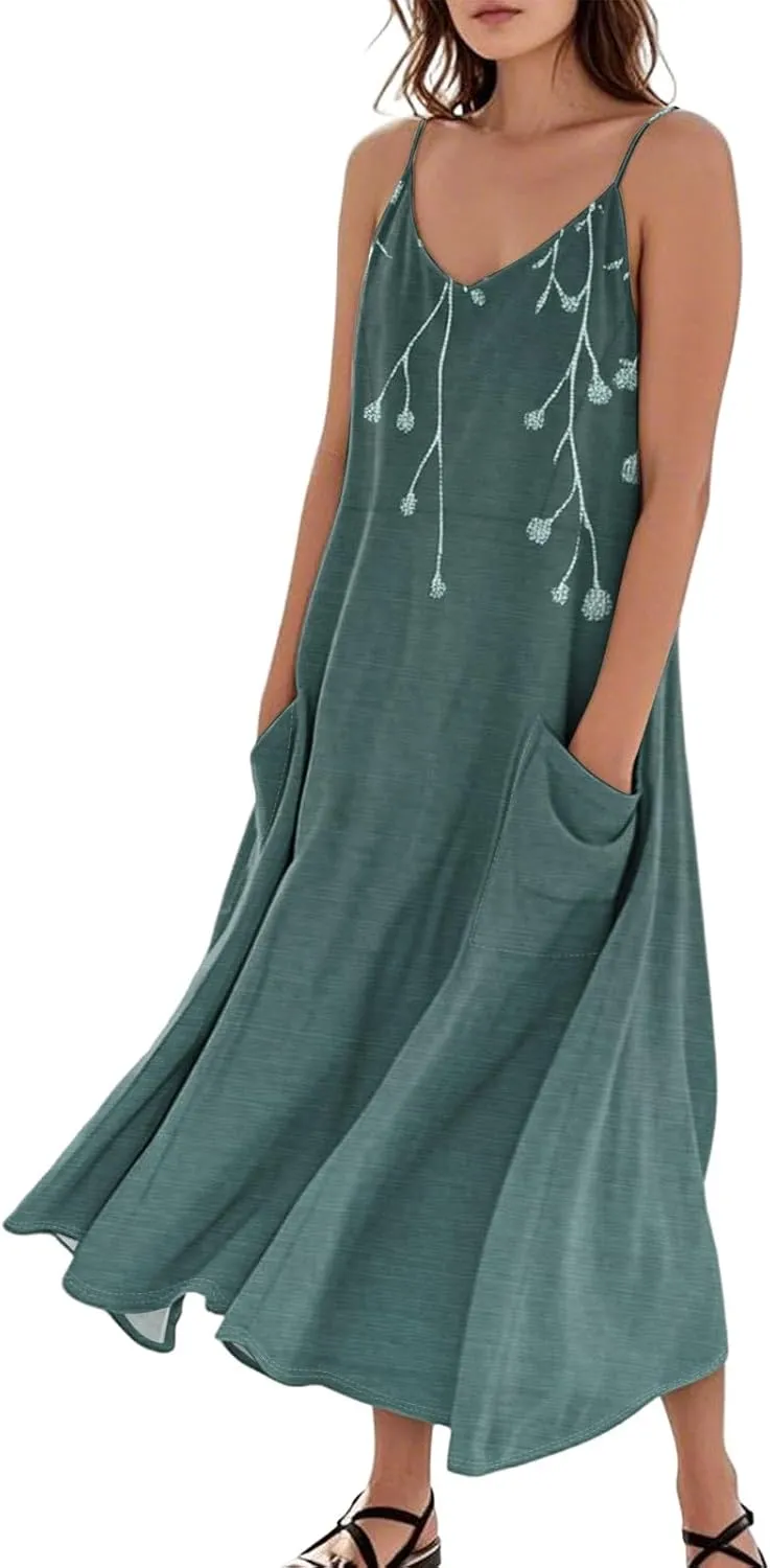 Women's Plus Size Summer Dresses 2025 Trendy Sleeveless Dresses Casual Baggy Flowy Maxi Sun Dresses Pocket