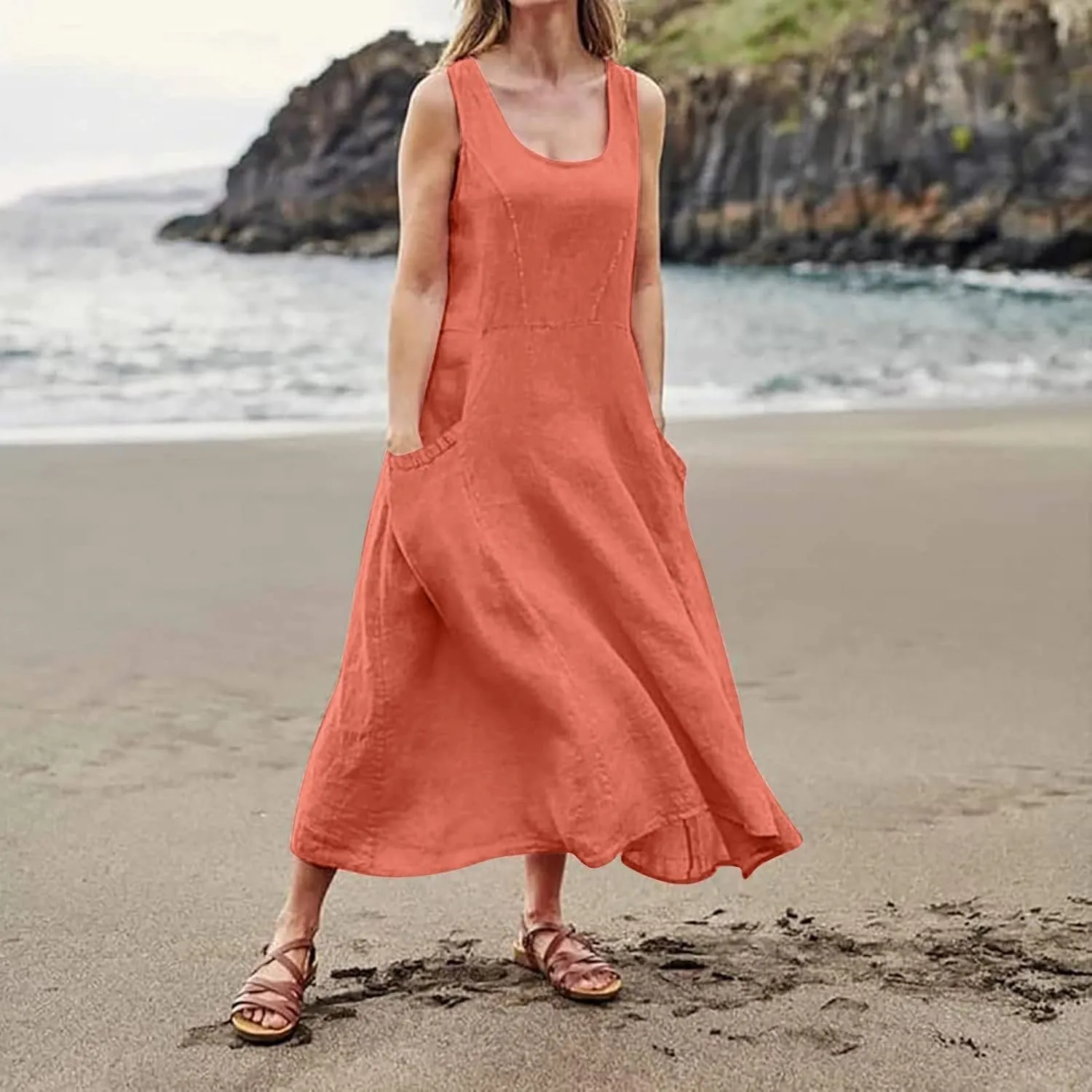 Women's Plus Size Summer Dresses 2025 Trendy Sleeveless Dresses Casual Baggy Flowy Maxi Sun Dresses Pocket