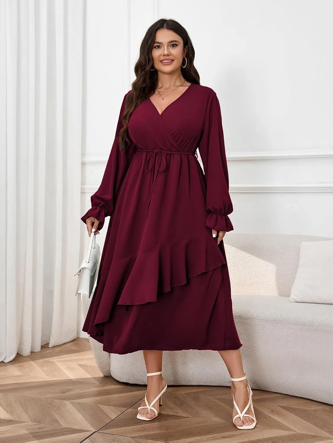 Womens Plus Size Wedding Guest Cocktail Maxi Dress Wrap V Neck Long Sleeve Ruffle Hem Split Long Dress