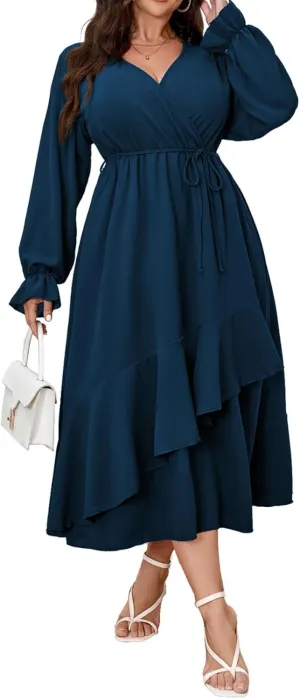 Womens Plus Size Wedding Guest Cocktail Maxi Dress Wrap V Neck Long Sleeve Ruffle Hem Split Long Dress