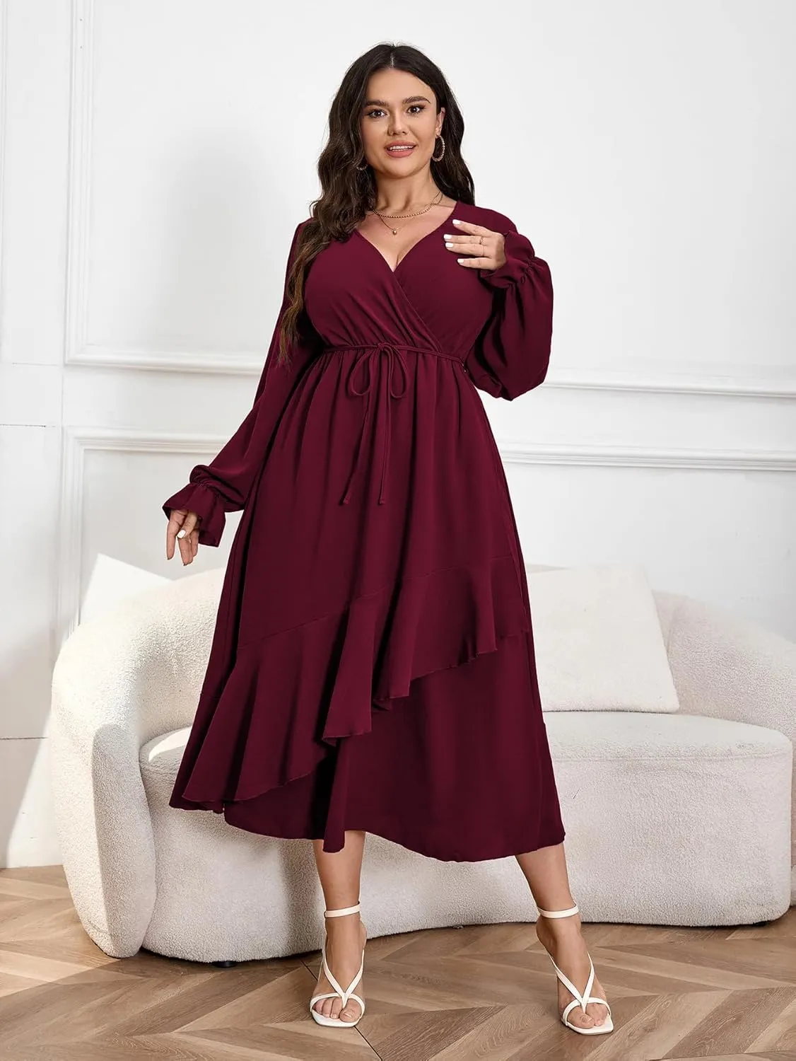 Womens Plus Size Wedding Guest Cocktail Maxi Dress Wrap V Neck Long Sleeve Ruffle Hem Split Long Dress