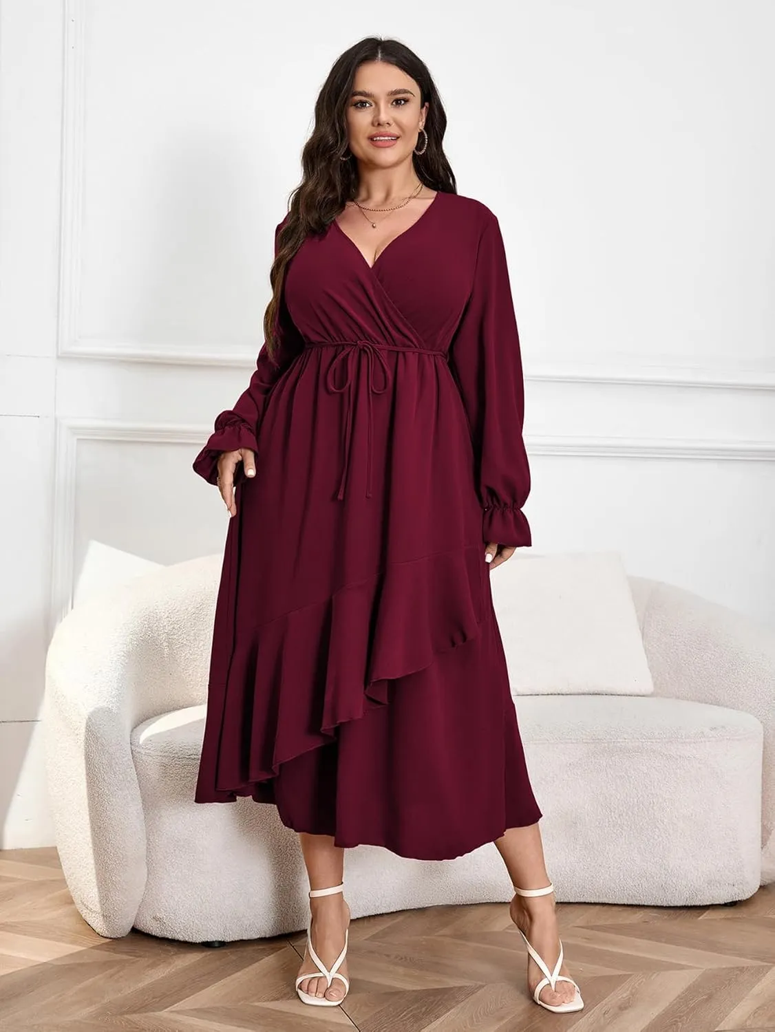 Womens Plus Size Wedding Guest Cocktail Maxi Dress Wrap V Neck Long Sleeve Ruffle Hem Split Long Dress