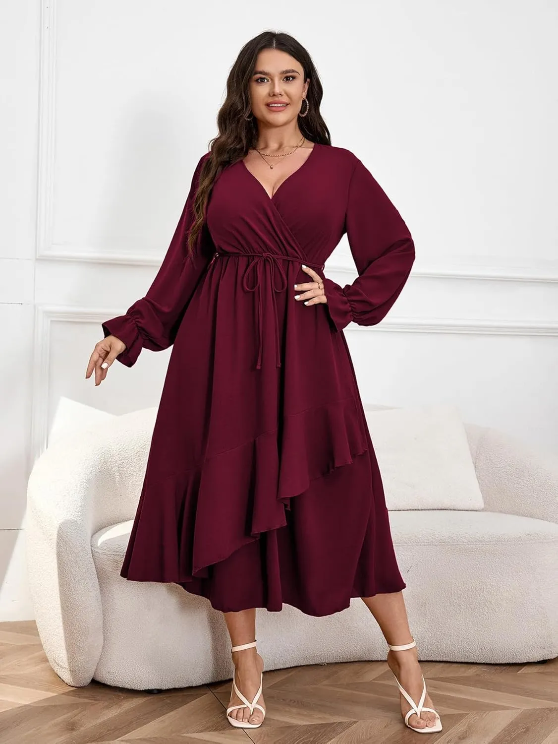 Womens Plus Size Wedding Guest Cocktail Maxi Dress Wrap V Neck Long Sleeve Ruffle Hem Split Long Dress