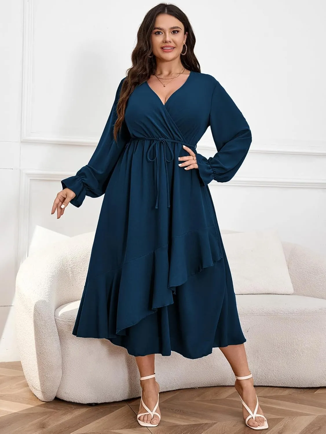 Womens Plus Size Wedding Guest Cocktail Maxi Dress Wrap V Neck Long Sleeve Ruffle Hem Split Long Dress