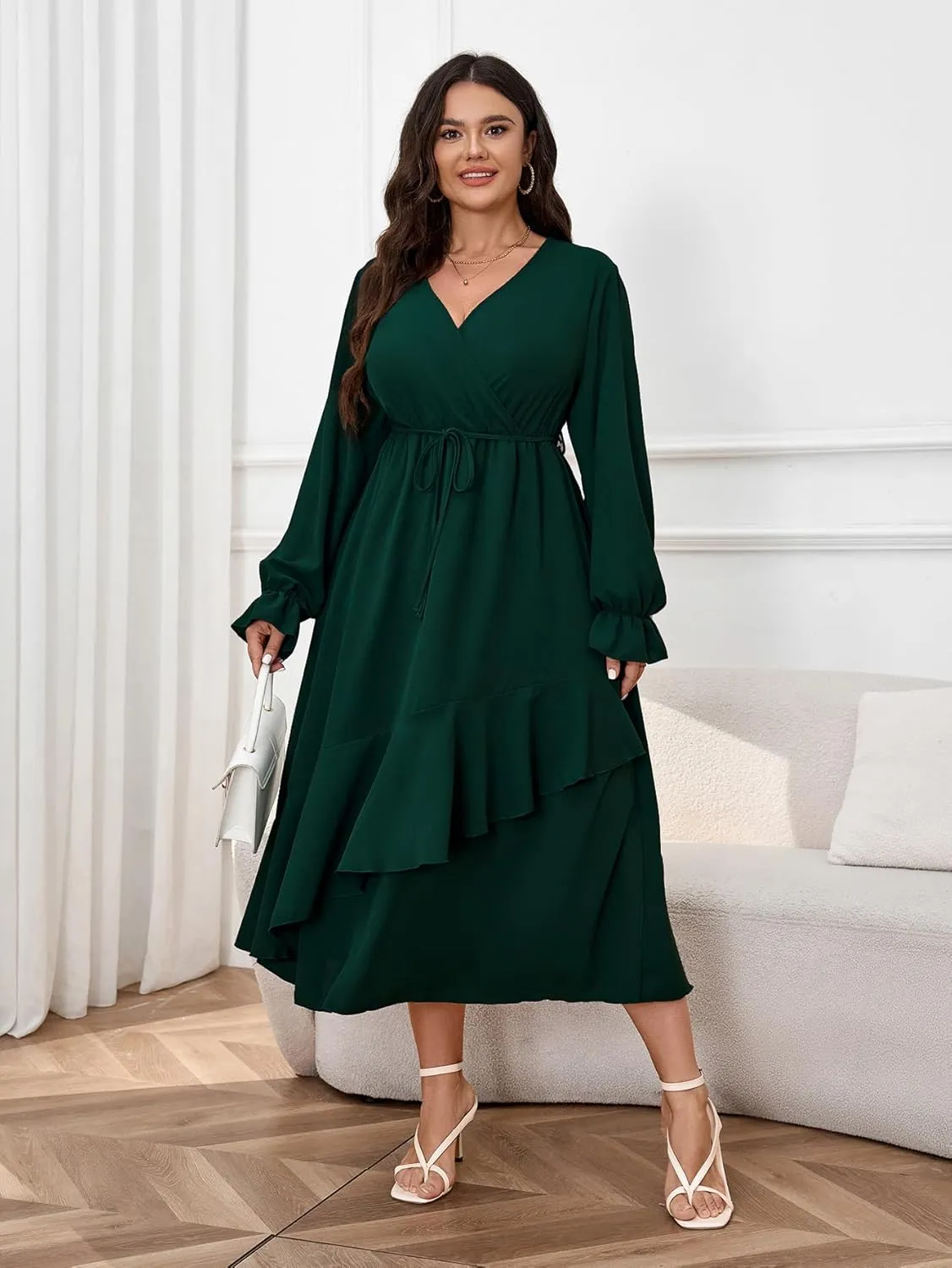 Womens Plus Size Wedding Guest Cocktail Maxi Dress Wrap V Neck Long Sleeve Ruffle Hem Split Long Dress