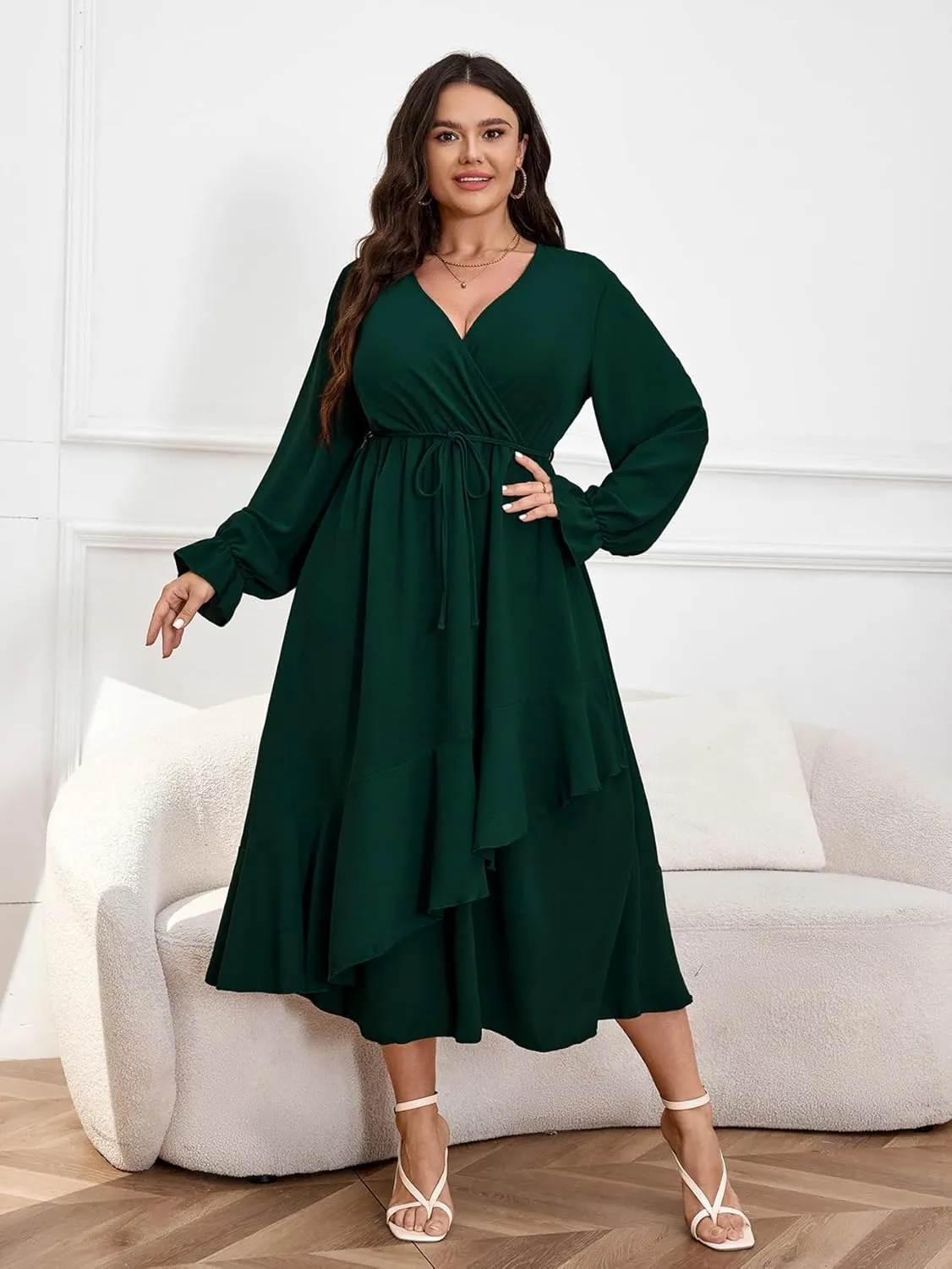 Womens Plus Size Wedding Guest Cocktail Maxi Dress Wrap V Neck Long Sleeve Ruffle Hem Split Long Dress