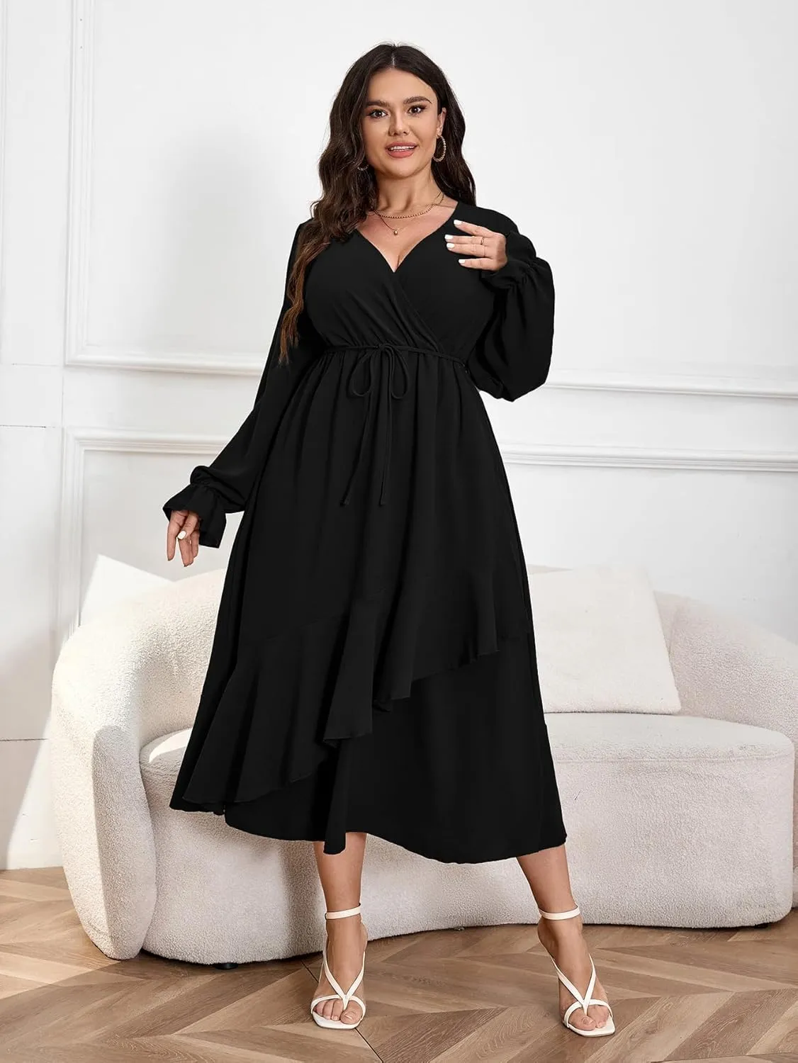 Womens Plus Size Wedding Guest Cocktail Maxi Dress Wrap V Neck Long Sleeve Ruffle Hem Split Long Dress