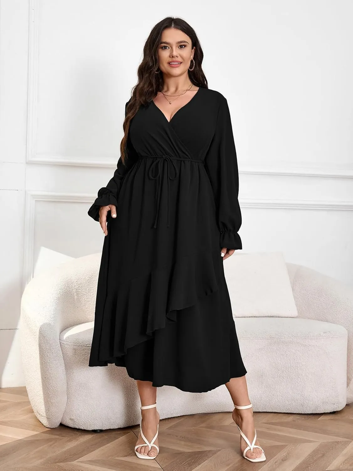 Womens Plus Size Wedding Guest Cocktail Maxi Dress Wrap V Neck Long Sleeve Ruffle Hem Split Long Dress