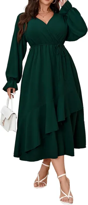 Womens Plus Size Wedding Guest Cocktail Maxi Dress Wrap V Neck Long Sleeve Ruffle Hem Split Long Dress