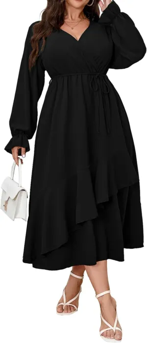 Womens Plus Size Wedding Guest Cocktail Maxi Dress Wrap V Neck Long Sleeve Ruffle Hem Split Long Dress