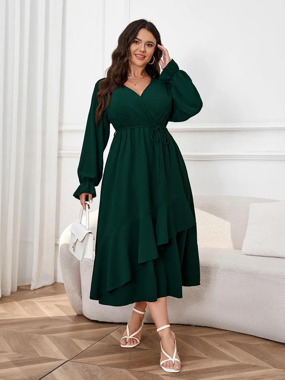 Womens Plus Size Wedding Guest Cocktail Maxi Dress Wrap V Neck Long Sleeve Ruffle Hem Split Long Dress