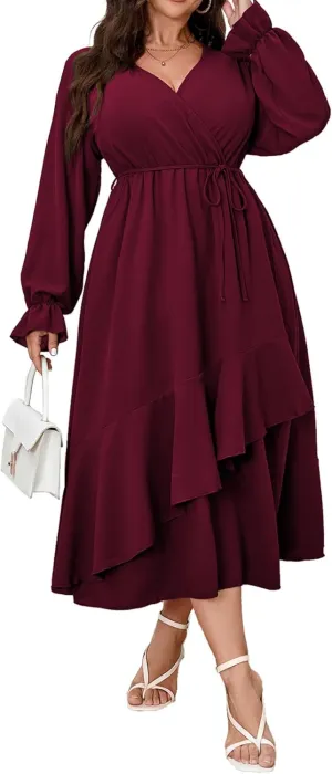 Womens Plus Size Wedding Guest Cocktail Maxi Dress Wrap V Neck Long Sleeve Ruffle Hem Split Long Dress