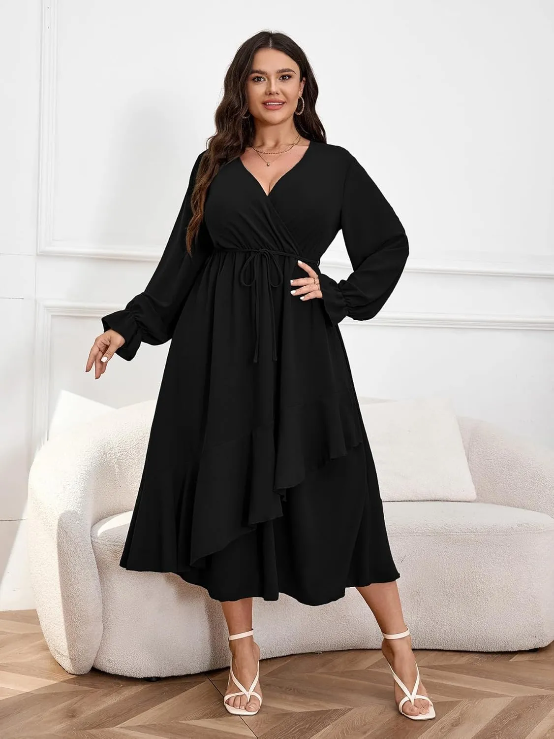 Womens Plus Size Wedding Guest Cocktail Maxi Dress Wrap V Neck Long Sleeve Ruffle Hem Split Long Dress