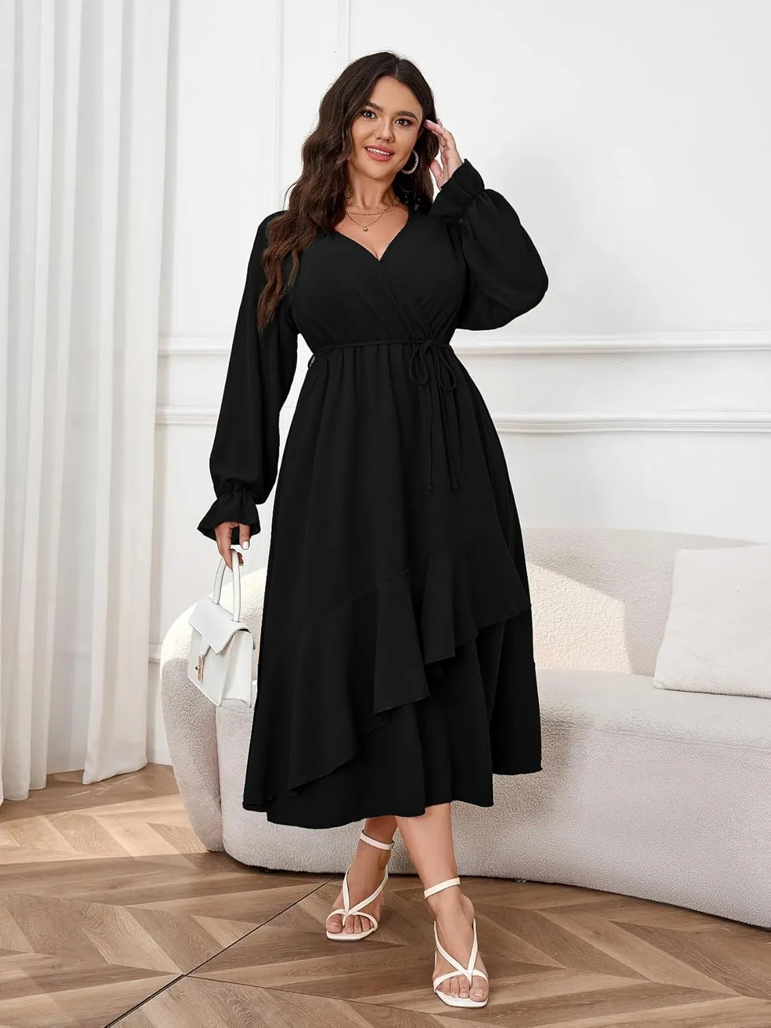 Womens Plus Size Wedding Guest Cocktail Maxi Dress Wrap V Neck Long Sleeve Ruffle Hem Split Long Dress