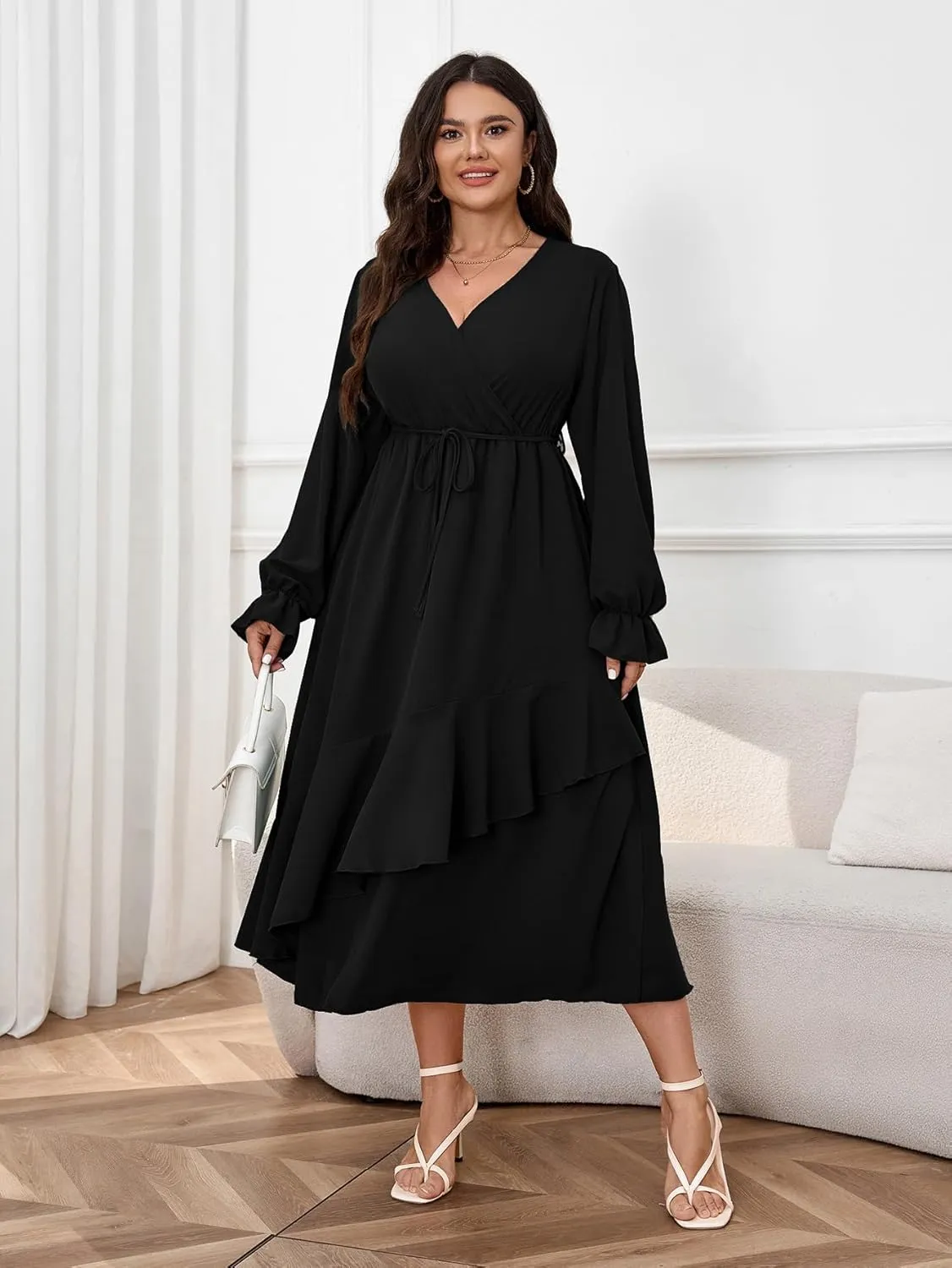 Womens Plus Size Wedding Guest Cocktail Maxi Dress Wrap V Neck Long Sleeve Ruffle Hem Split Long Dress
