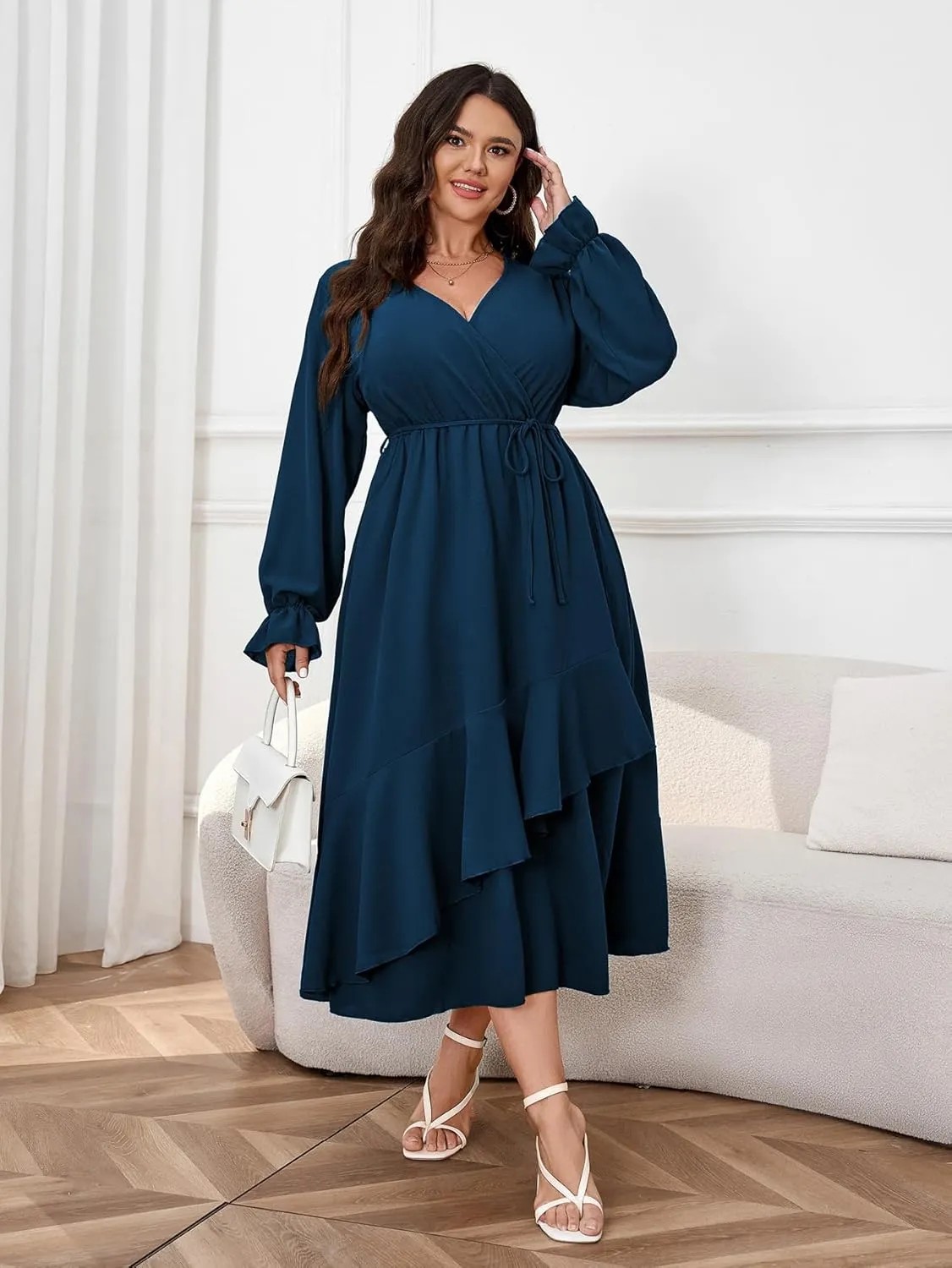 Womens Plus Size Wedding Guest Cocktail Maxi Dress Wrap V Neck Long Sleeve Ruffle Hem Split Long Dress