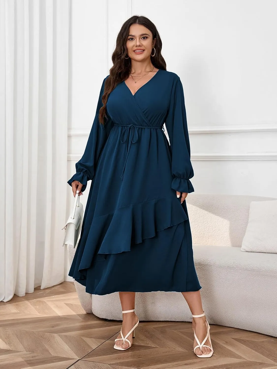 Womens Plus Size Wedding Guest Cocktail Maxi Dress Wrap V Neck Long Sleeve Ruffle Hem Split Long Dress