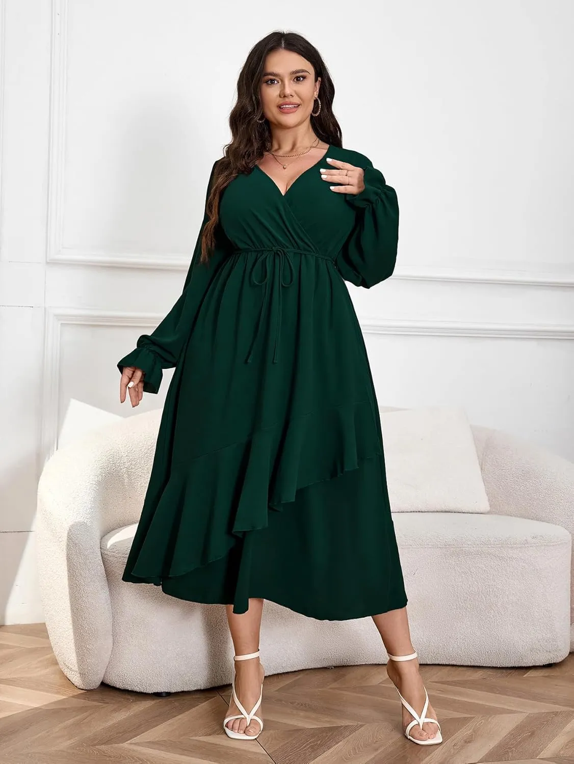 Womens Plus Size Wedding Guest Cocktail Maxi Dress Wrap V Neck Long Sleeve Ruffle Hem Split Long Dress