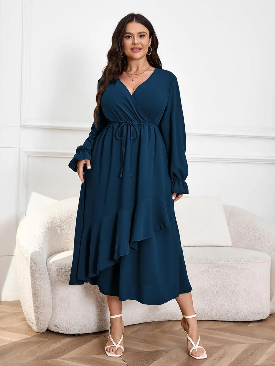 Womens Plus Size Wedding Guest Cocktail Maxi Dress Wrap V Neck Long Sleeve Ruffle Hem Split Long Dress