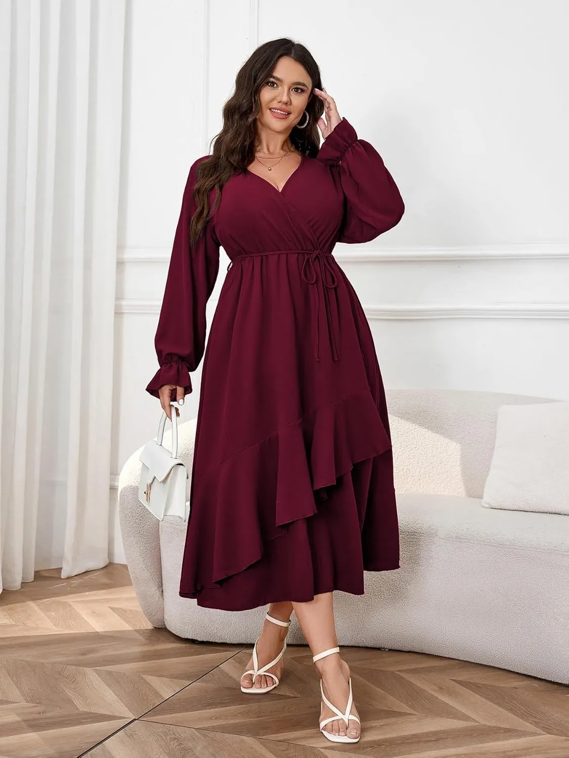 Womens Plus Size Wedding Guest Cocktail Maxi Dress Wrap V Neck Long Sleeve Ruffle Hem Split Long Dress