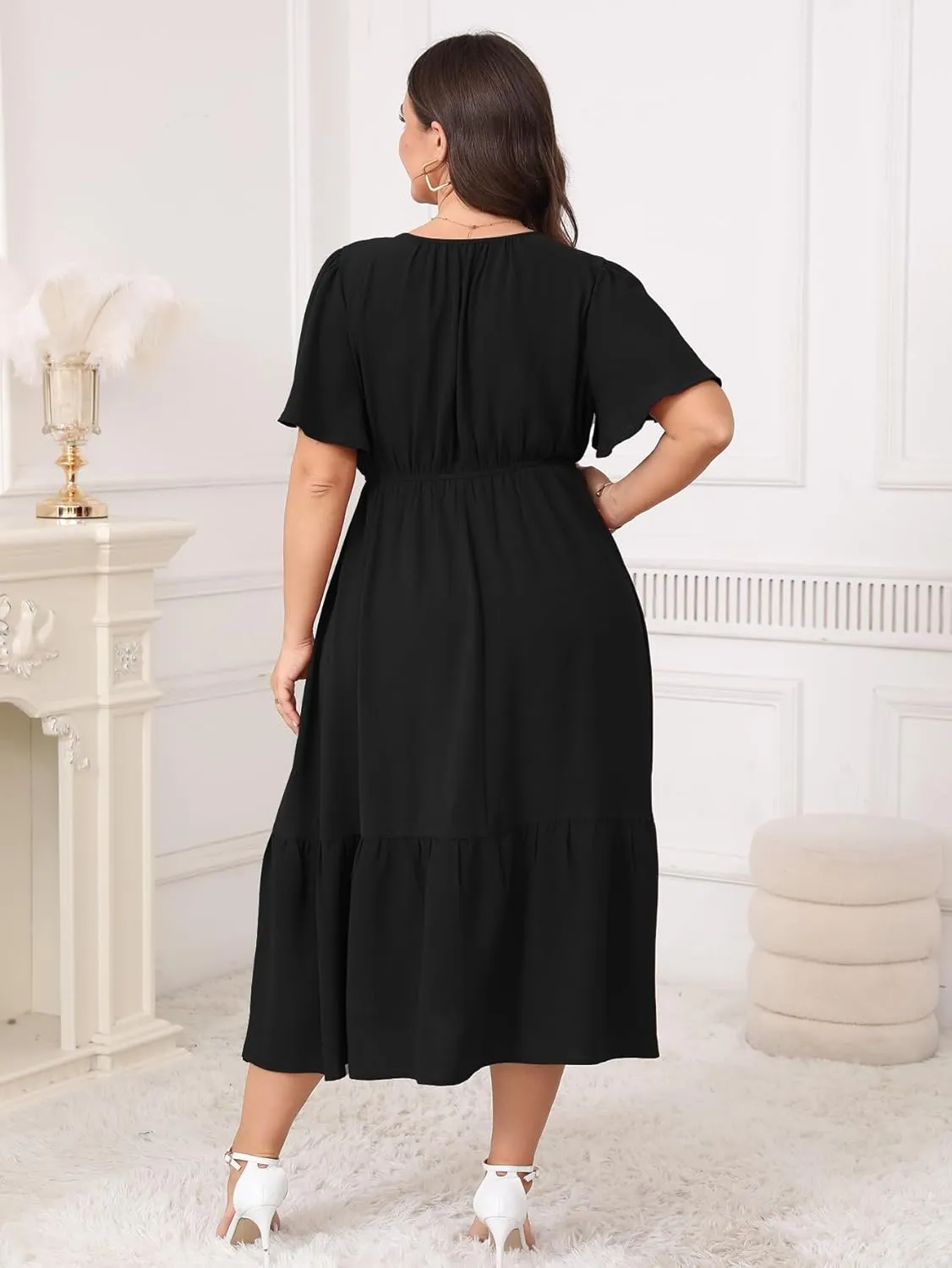 Womens Plus Size Wedding Guest Dresses Summer V Neck Short Sleeve Belted Ruffle Hem A-Line Flowy Midi Dress