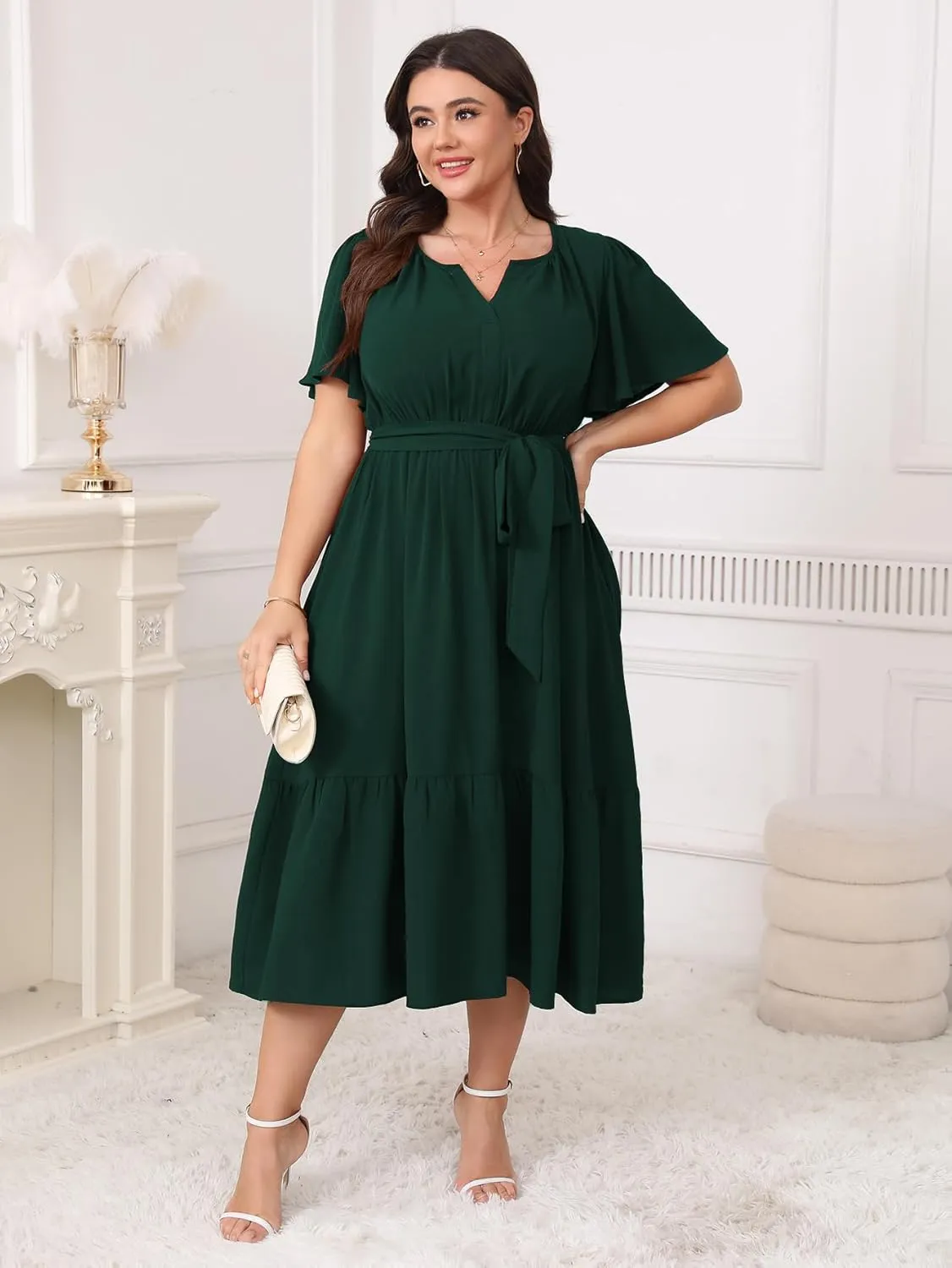 Womens Plus Size Wedding Guest Dresses Summer V Neck Short Sleeve Belted Ruffle Hem A-Line Flowy Midi Dress