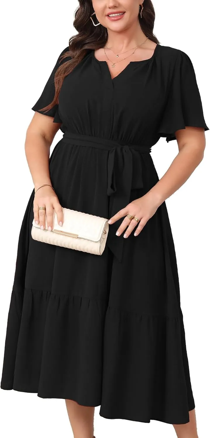Womens Plus Size Wedding Guest Dresses Summer V Neck Short Sleeve Belted Ruffle Hem A-Line Flowy Midi Dress