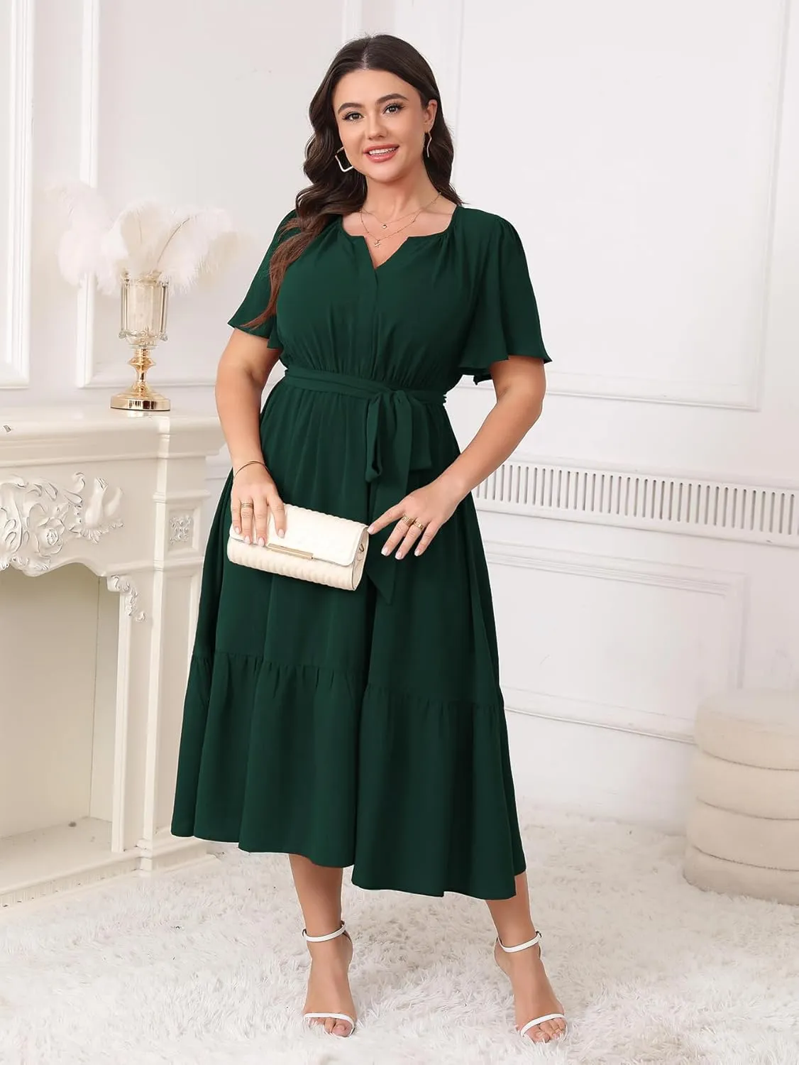 Womens Plus Size Wedding Guest Dresses Summer V Neck Short Sleeve Belted Ruffle Hem A-Line Flowy Midi Dress