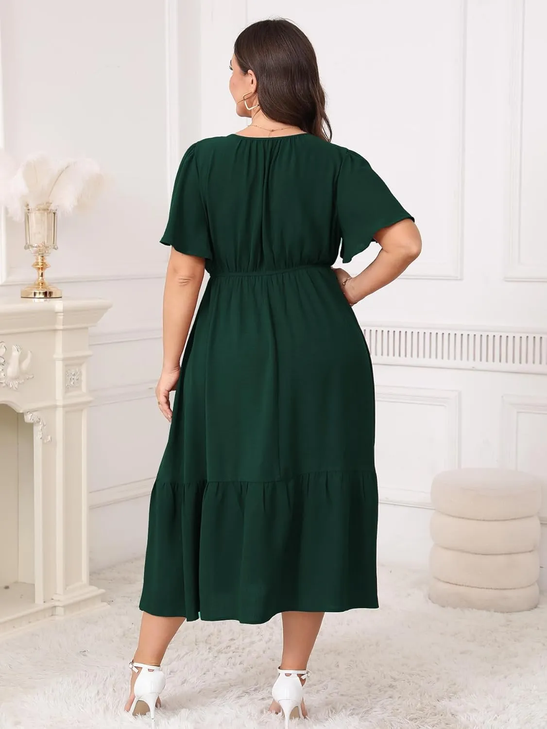 Womens Plus Size Wedding Guest Dresses Summer V Neck Short Sleeve Belted Ruffle Hem A-Line Flowy Midi Dress