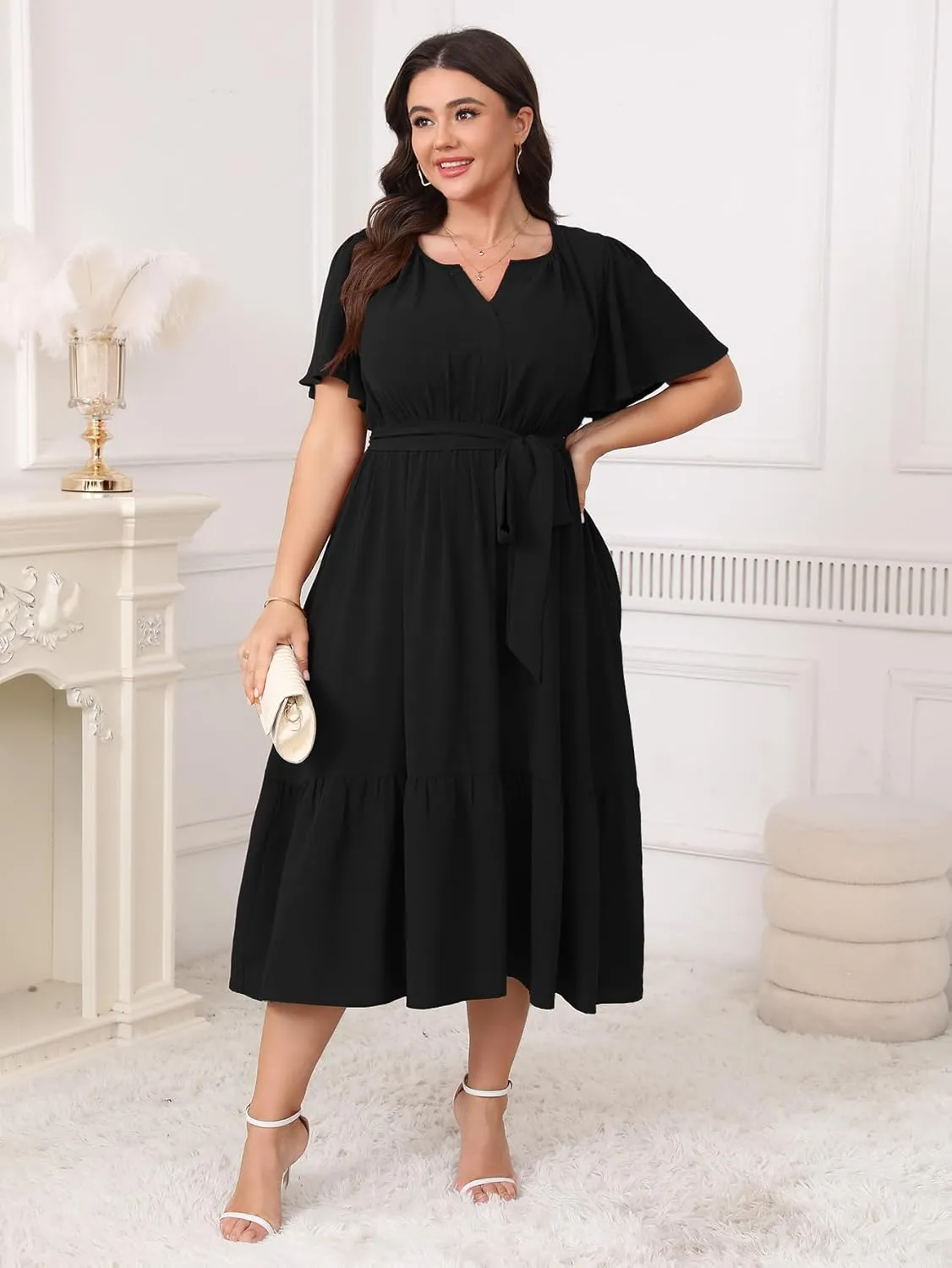 Womens Plus Size Wedding Guest Dresses Summer V Neck Short Sleeve Belted Ruffle Hem A-Line Flowy Midi Dress