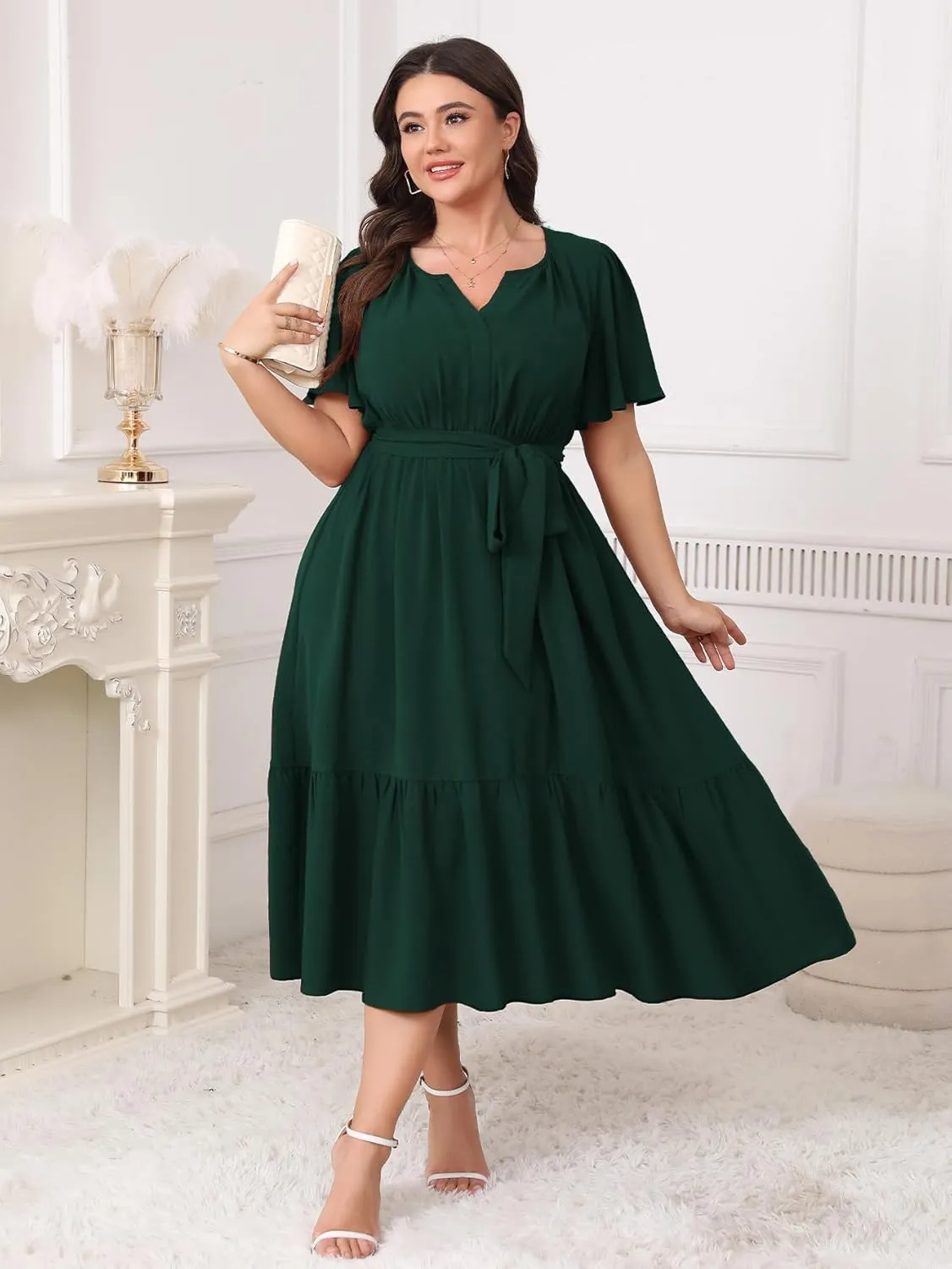 Womens Plus Size Wedding Guest Dresses Summer V Neck Short Sleeve Belted Ruffle Hem A-Line Flowy Midi Dress