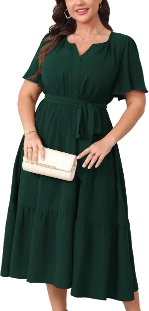Womens Plus Size Wedding Guest Dresses Summer V Neck Short Sleeve Belted Ruffle Hem A-Line Flowy Midi Dress