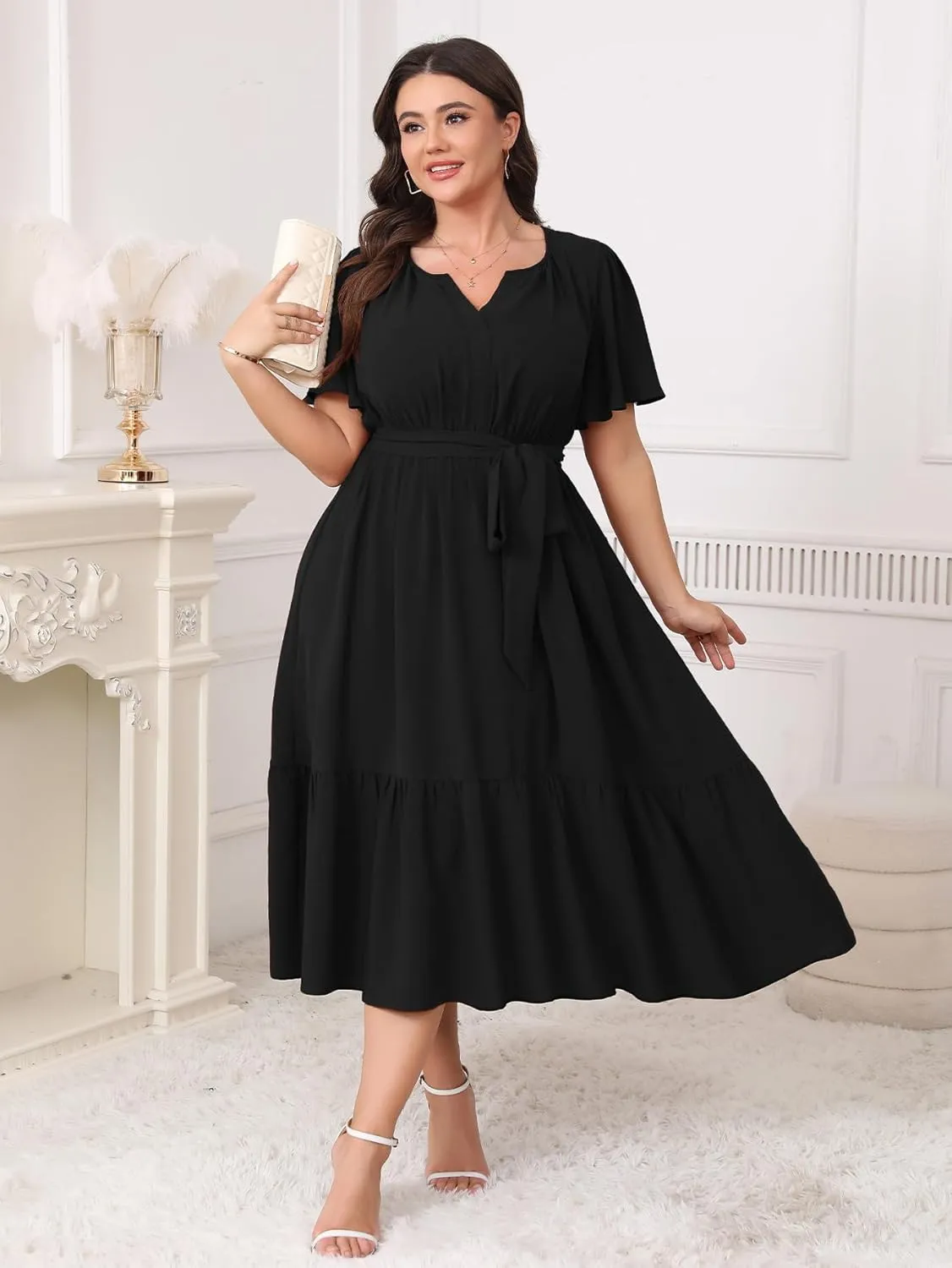 Womens Plus Size Wedding Guest Dresses Summer V Neck Short Sleeve Belted Ruffle Hem A-Line Flowy Midi Dress