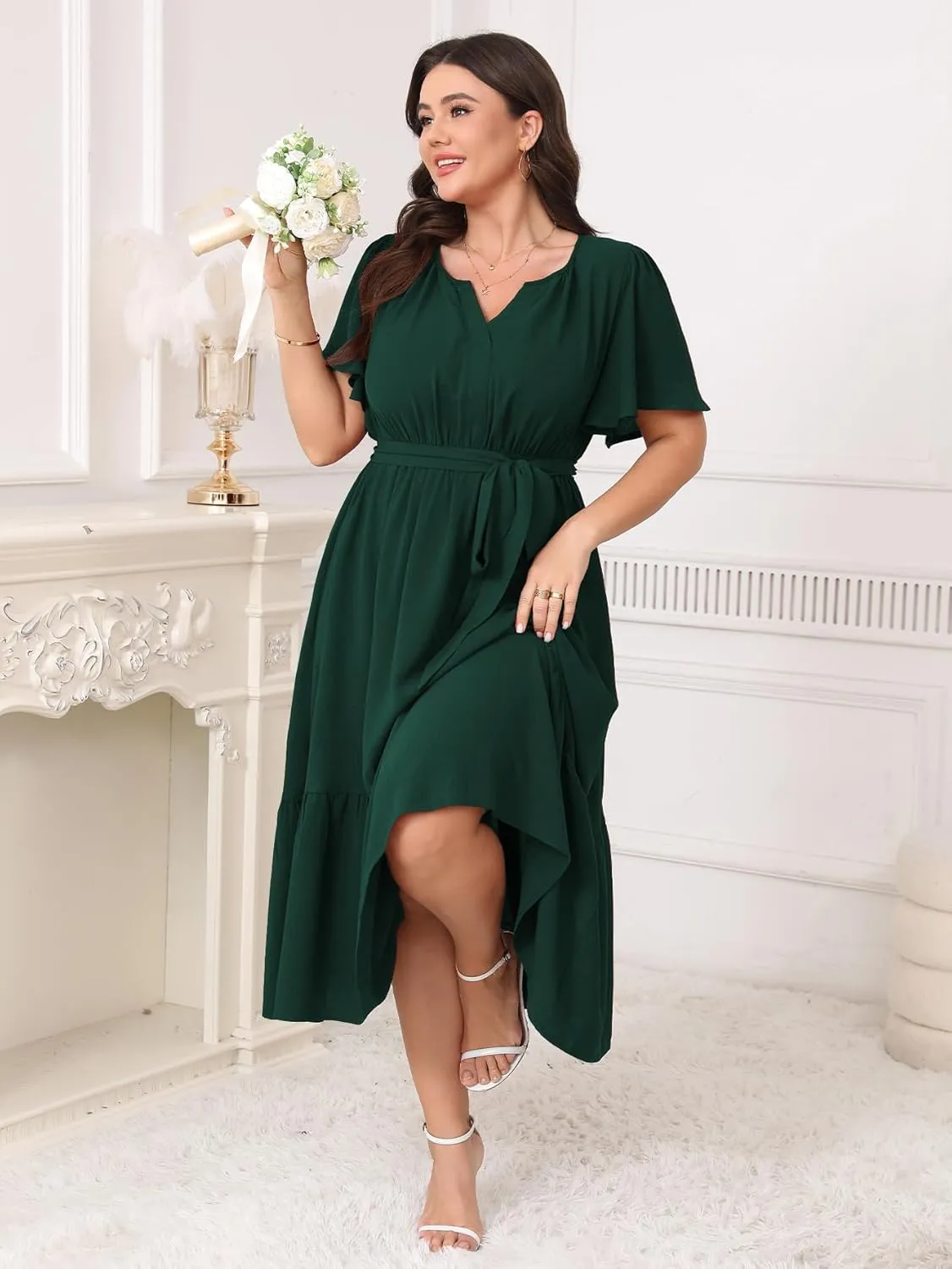 Womens Plus Size Wedding Guest Dresses Summer V Neck Short Sleeve Belted Ruffle Hem A-Line Flowy Midi Dress