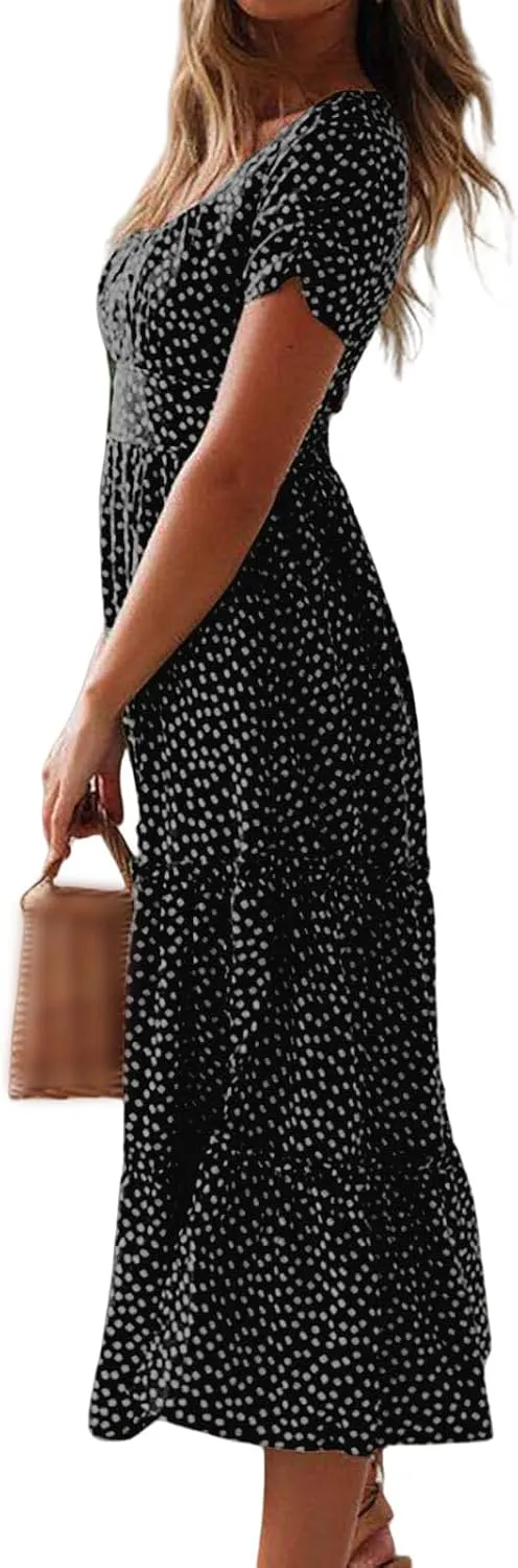 Womens Polka Dot Dress Summer Casual Square Neck High Waist Tiered Flowy Long Dresses Boho A Line Beach Dress
