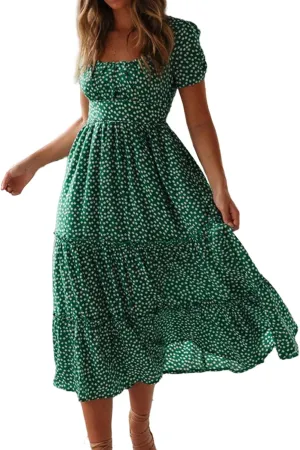 Womens Polka Dot Dress Summer Casual Square Neck High Waist Tiered Flowy Long Dresses Boho A Line Beach Dress