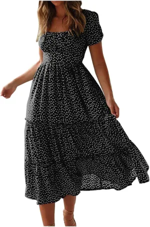 Womens Polka Dot Dress Summer Casual Square Neck High Waist Tiered Flowy Long Dresses Boho A Line Beach Dress