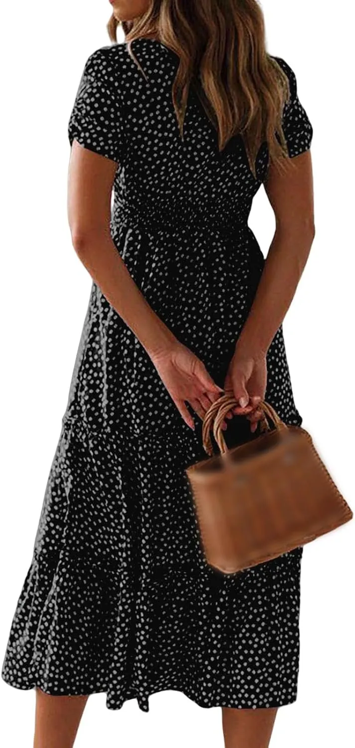 Womens Polka Dot Dress Summer Casual Square Neck High Waist Tiered Flowy Long Dresses Boho A Line Beach Dress