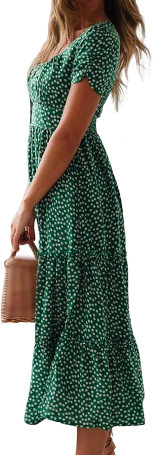 Womens Polka Dot Dress Summer Casual Square Neck High Waist Tiered Flowy Long Dresses Boho A Line Beach Dress