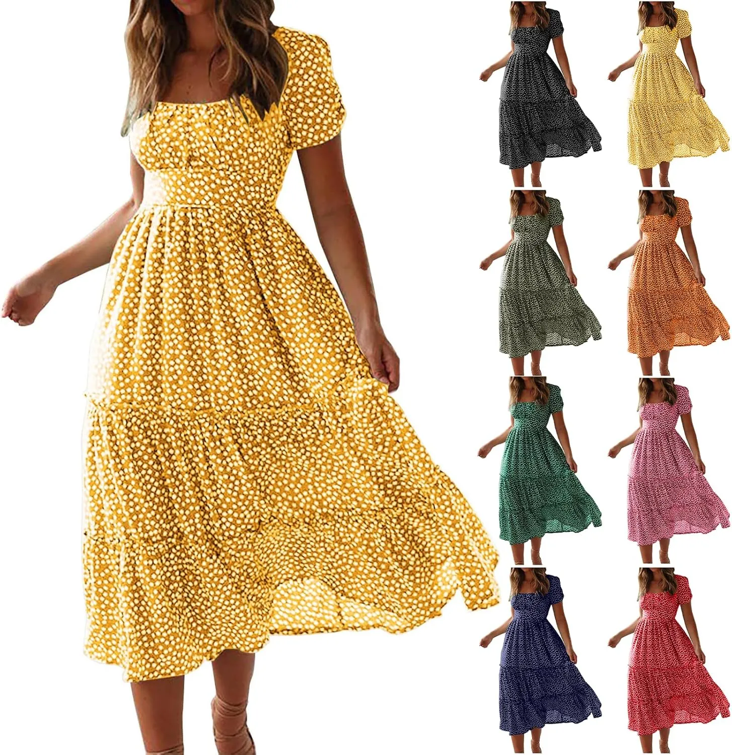 Womens Polka Dot Dress Summer Casual Square Neck High Waist Tiered Flowy Long Dresses Boho A Line Beach Dress