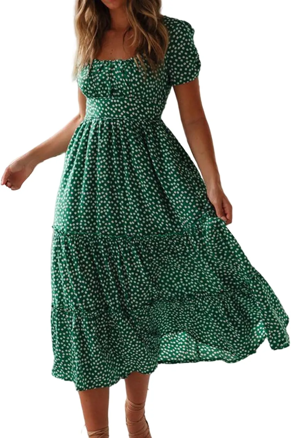 Womens Polka Dot Dress Summer Casual Square Neck High Waist Tiered Flowy Long Dresses Boho A Line Beach Dress