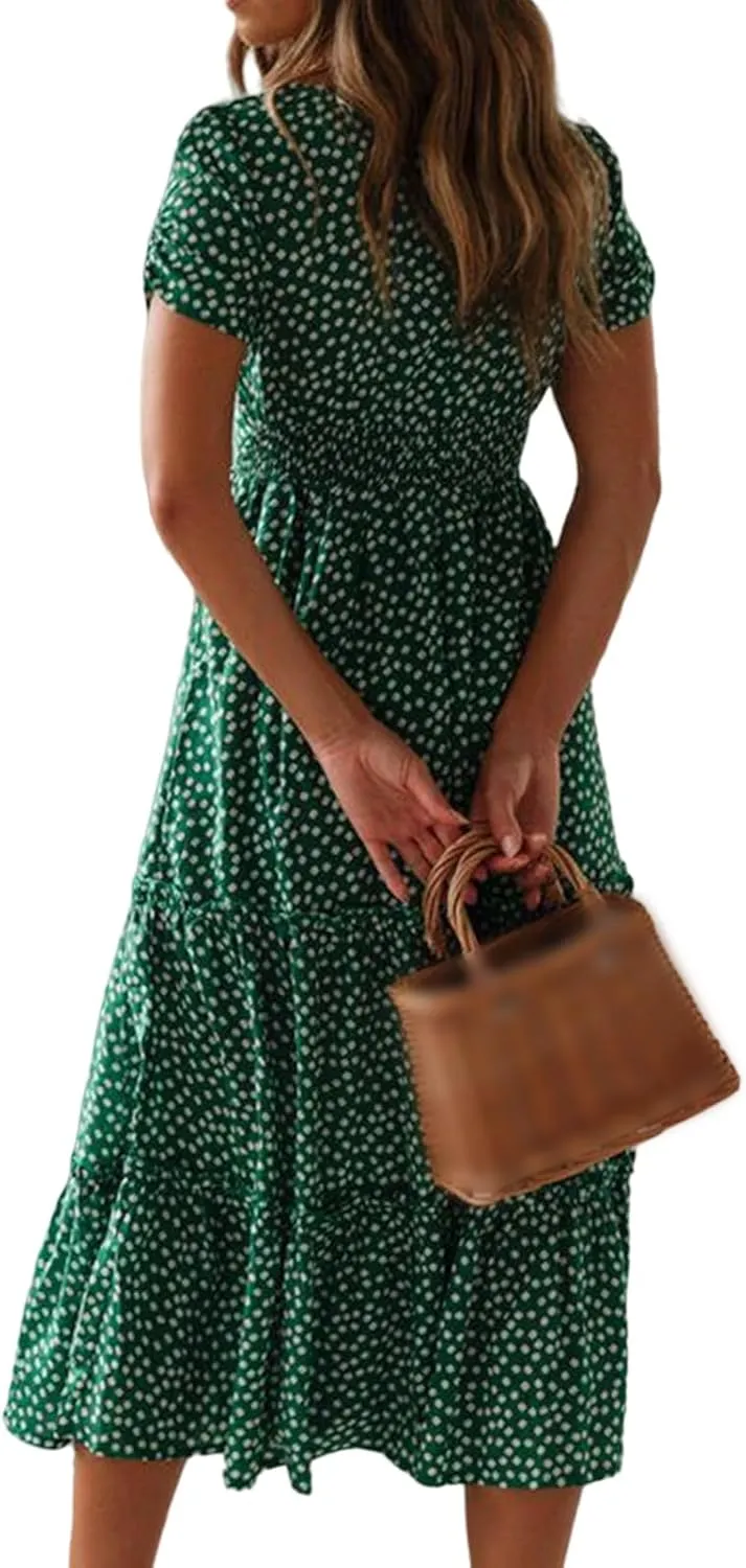 Womens Polka Dot Dress Summer Casual Square Neck High Waist Tiered Flowy Long Dresses Boho A Line Beach Dress